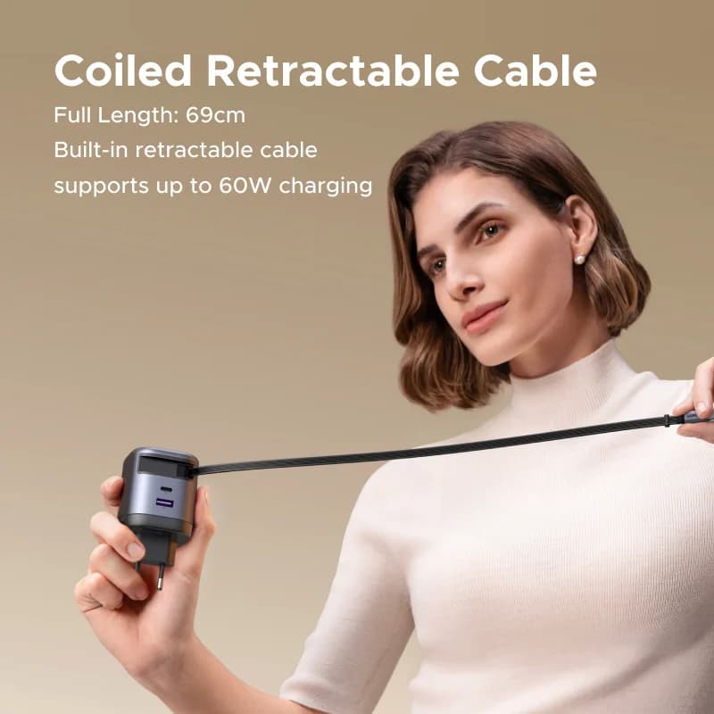 Încărcător GaN 65W cu cablu USB-C retractabil