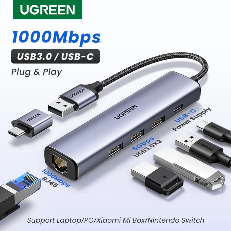 Adaptor Ethernet USB-C cu RJ45 1000Mbps și Hub USB