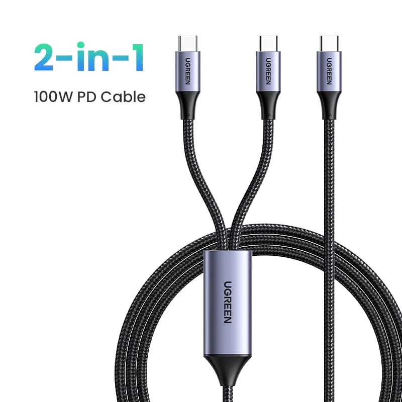 Cablu USB-C dual 2-în-1, max 100W, încărcare rapidă 5A