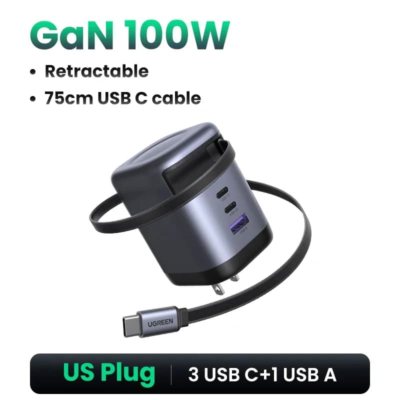 Încărcător GaN 65W cu cablu USB-C retractabil