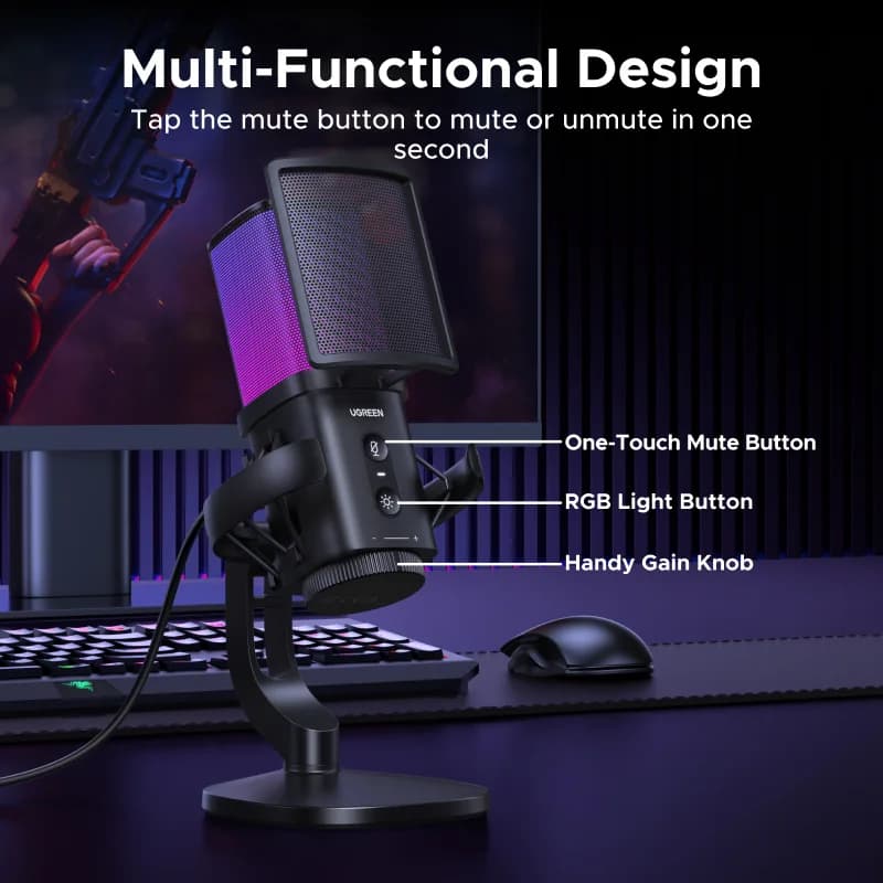 Microfon USB cu buton touch mute și iluminare RGB