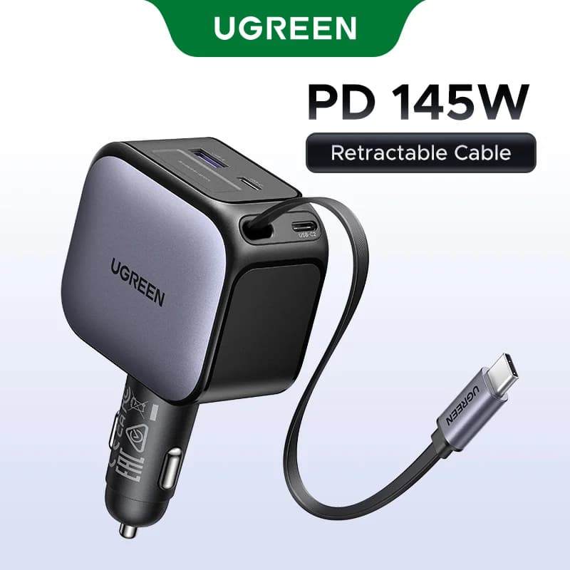Încărcător auto 145W cu 3 porturi USB-C și cablu retractabil