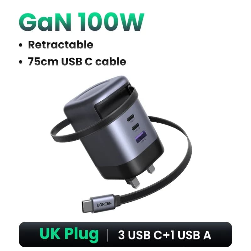 Încărcător GaN 65W cu cablu USB-C retractabil