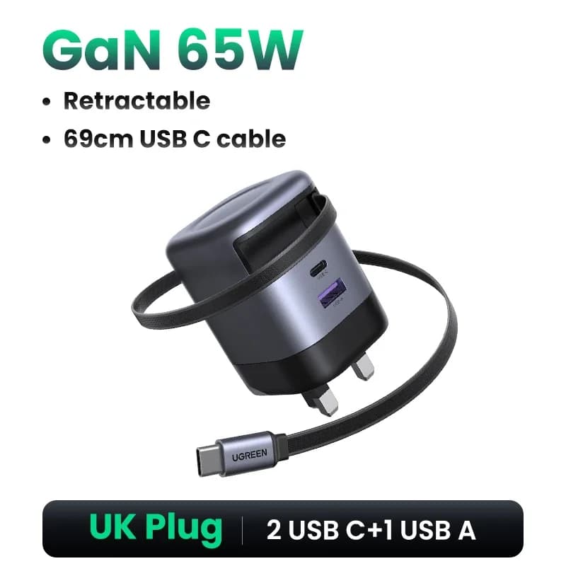 Încărcător GaN 65W cu cablu USB-C retractabil
