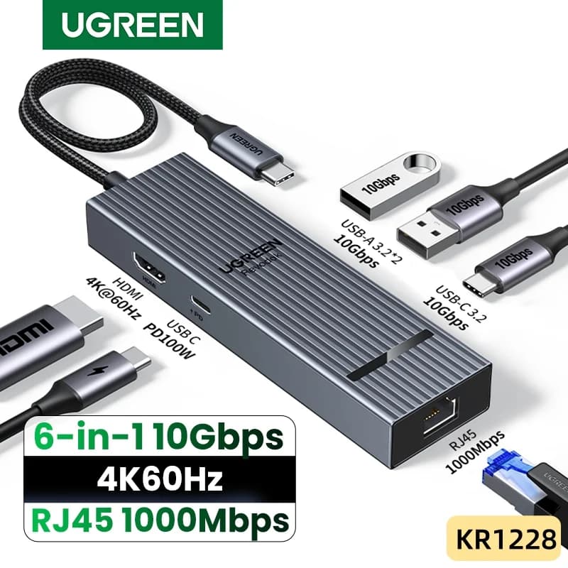 Hub USB-C 6-în-1, HDMI 4K, Ethernet Gigabit, PD 100W
