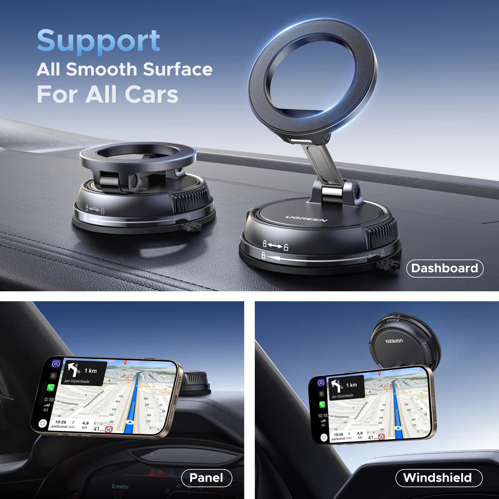 Suport magnetic pentru telefon auto cu ventuză
